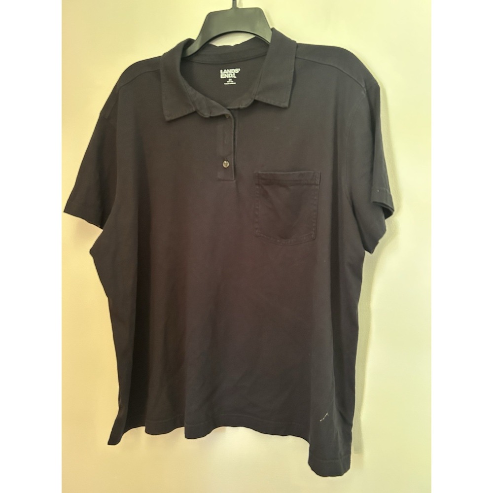 Lands' End Pocket Polo Shirt Womens 2X Black 20W-22W Short Sleeve 100% Cotton